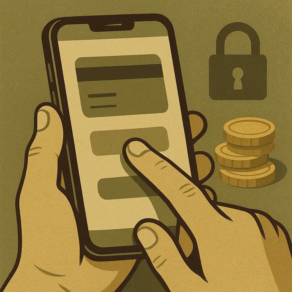 Hand holding a smartphone making a secure deposit payment