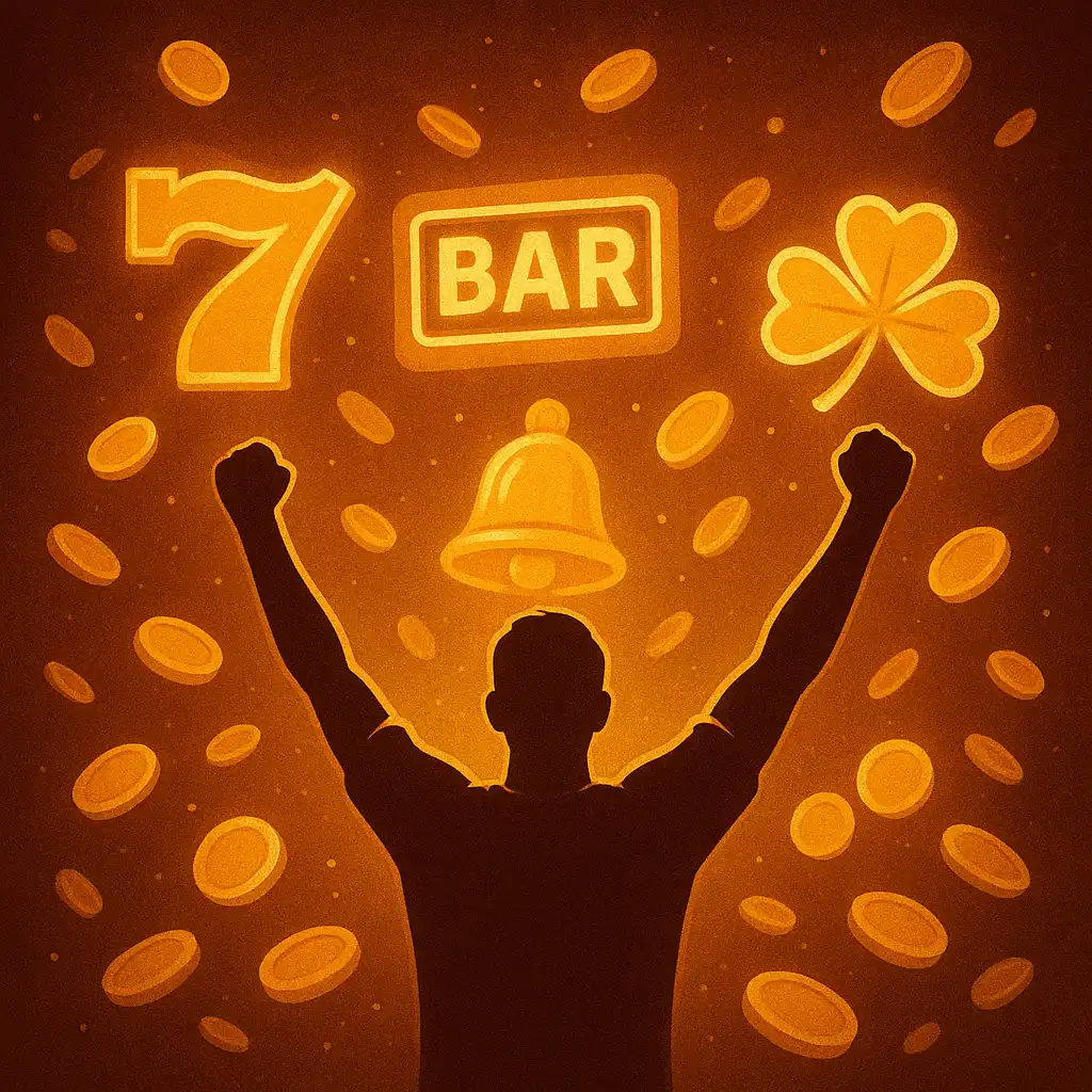 Celebrating player surrounded by slot symbols and coins
